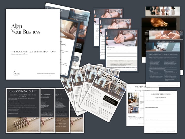 Flat lay of the Align Your Business program pages, featuring self-assessment, leadership identities, mis-alignment diagnostic, strategy session prep, and role-alignment guides for small business success.